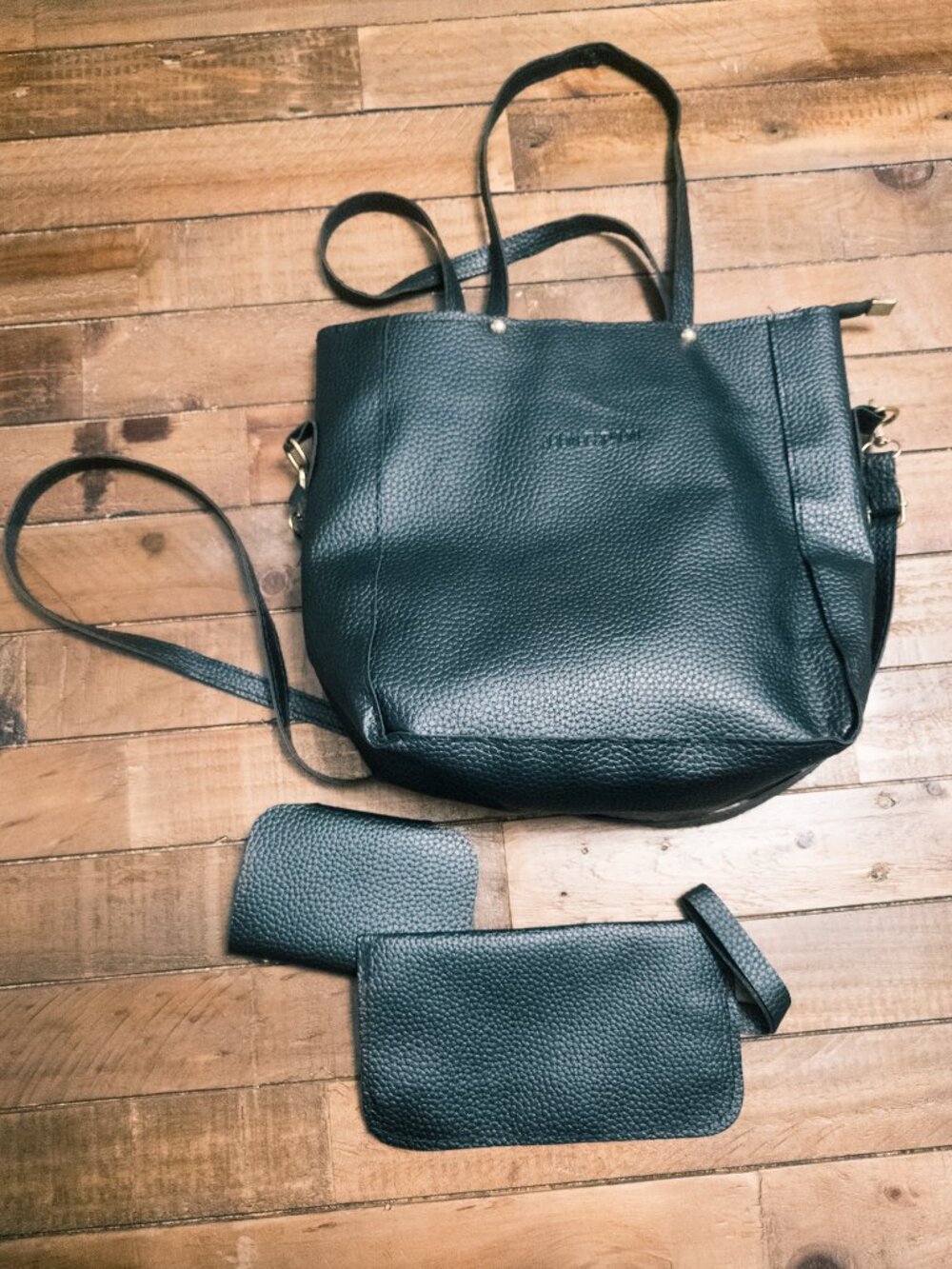 Jingpin 3pc Bag Set Black Pebbled Faux Leather Tote Matching Wallets